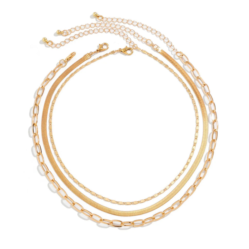 Multi-layer snake bone chain contrast colour necklace with U-shaped alloy pendant and pearl element on adjustable chain