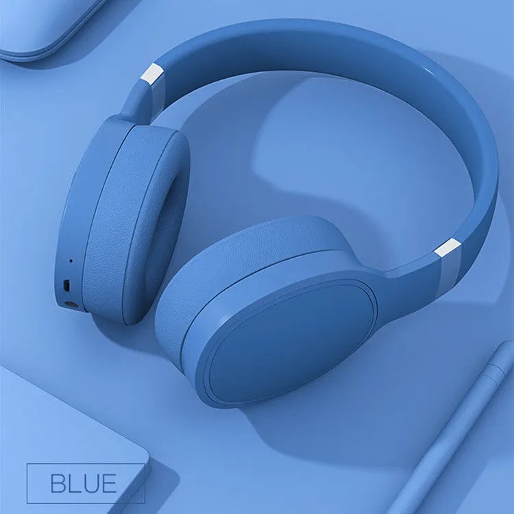 Wireless Bluetooth over-ear headset shown in black, blue, grey, or white colour options.