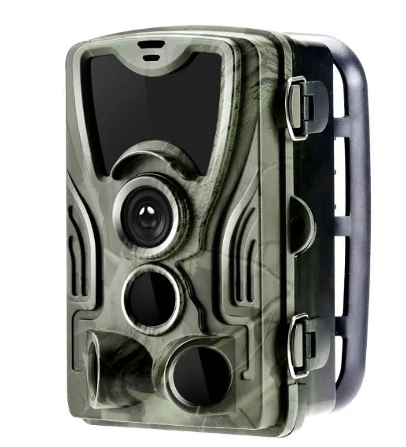 Green cellular trail game camera showing front lens and display, dimensions 135x90x76mm