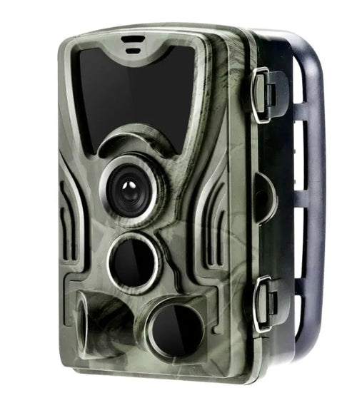 Green cellular trail game camera showing front lens and display, dimensions 135x90x76mm