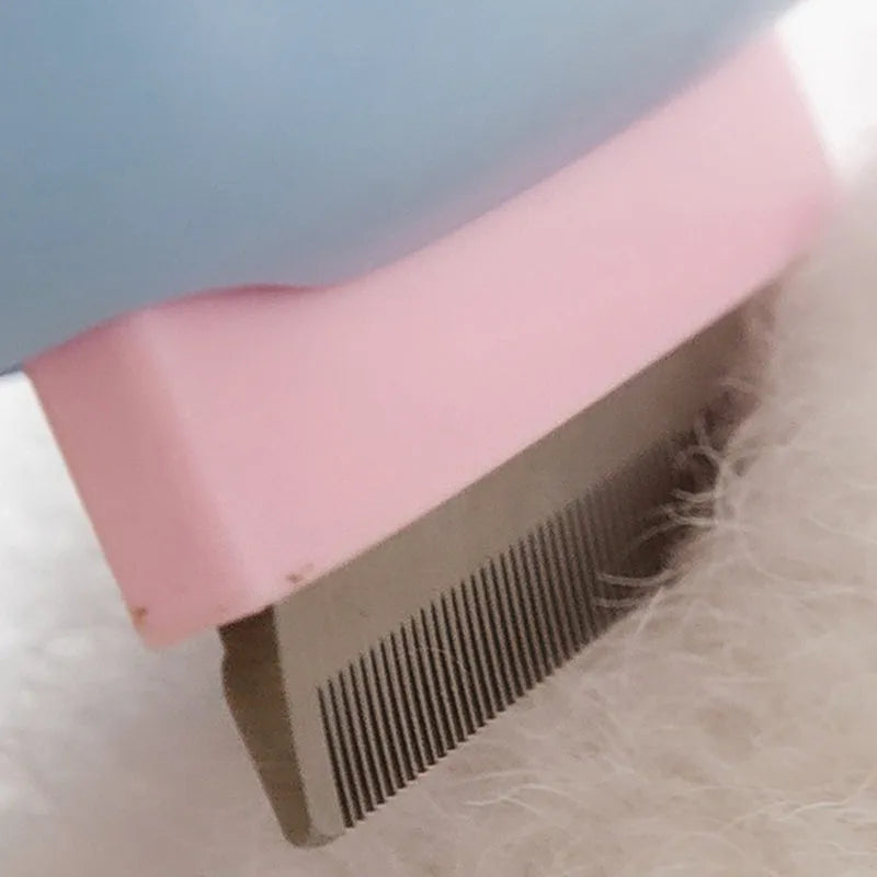 Blue and green double-sided pet grooming brush for deshedding and dematting cats and large dogs.