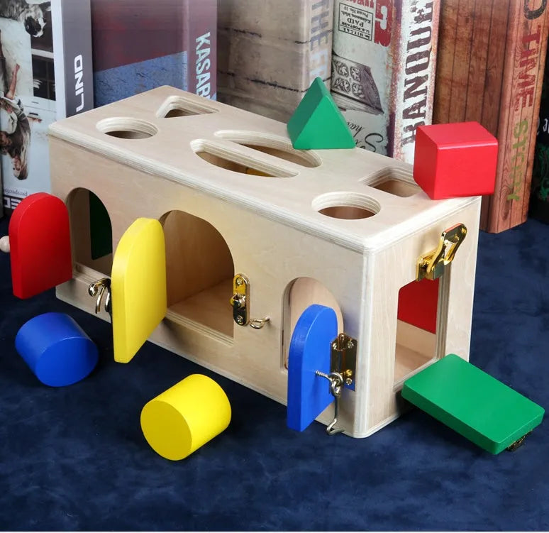 Wooden shape sorting educational toy with lock mechanism for preschool children