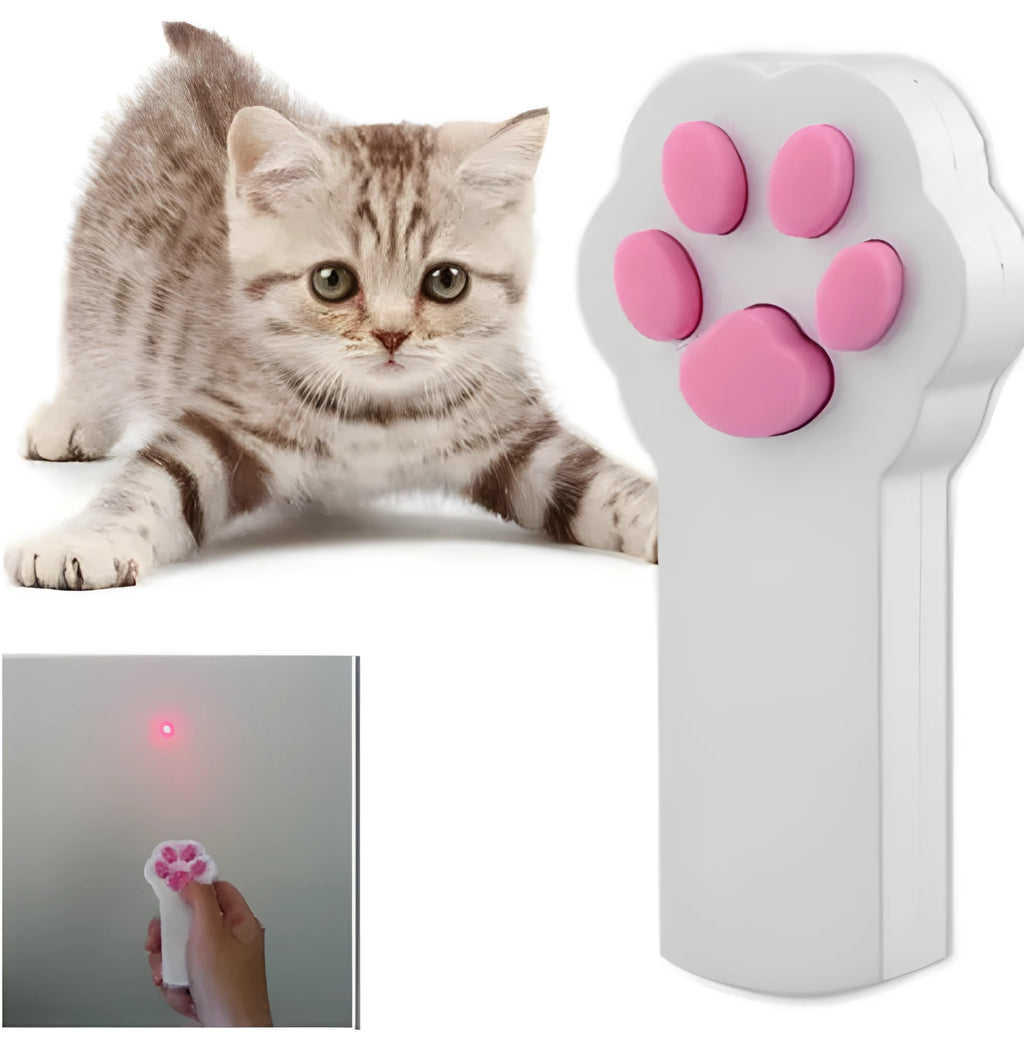Automatic red laser pointer pet toy in cat paw design with pink paw pads, black colour, measuring 10 cm