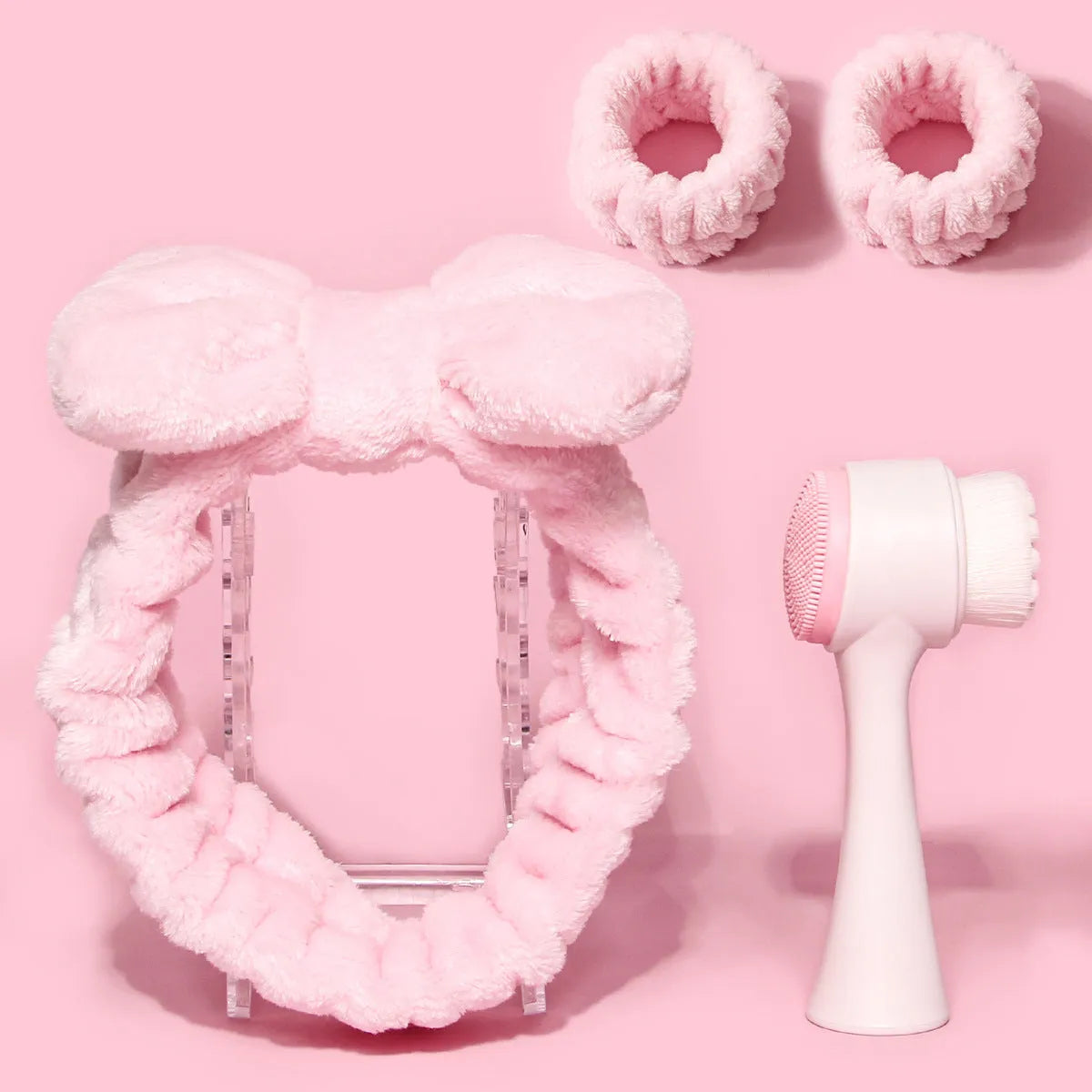Facial brush set with coral fleece hair band, nylon brush, and face wash mitts in assorted colours