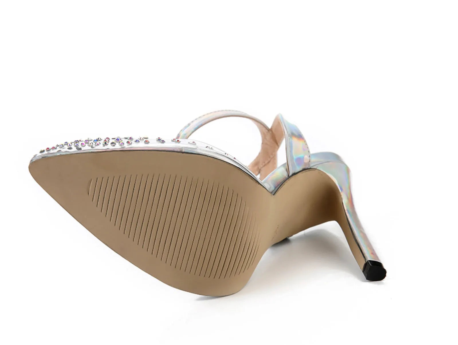 Women's clear PVC pointed toe sandals with a stiletto heel on a white background.