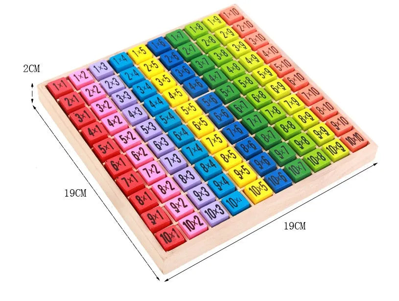 Wooden multi-coloured multiplication table with numbered cubes and base board