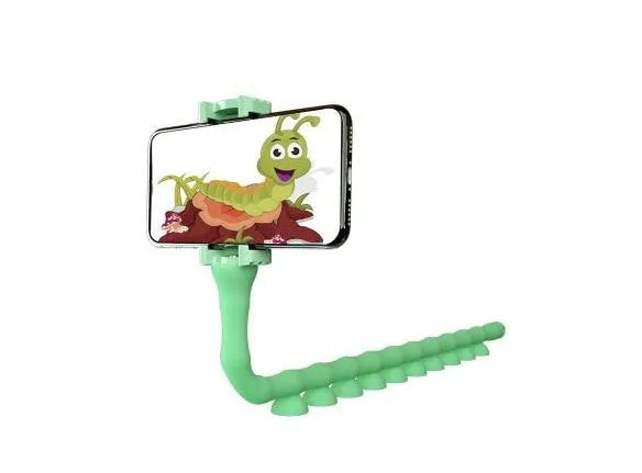 Flexible black rubber phone holder with suction cup extended, showing 360° rotation joint next to a mobile phone.
