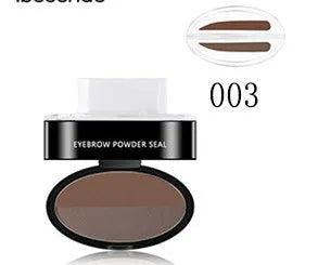Eyebrow powder stamp with dual powders and reusable stencils in dark brown and light brown shades.