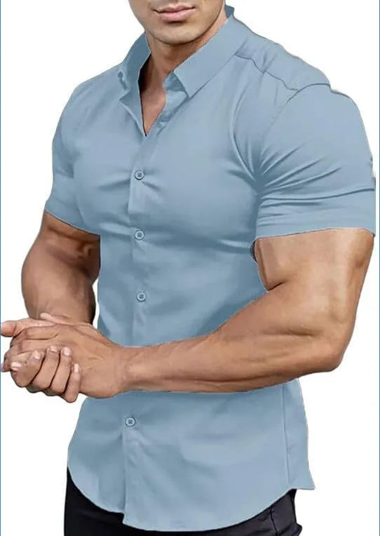 Men's casual short sleeve printed shirt with collar in cardigan style, available in multiple colours.