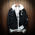 Hooded denim jacket in Korean loose fit style, cotton 90%, straight hem, available in pink, light green, black, sizes M to 3XL