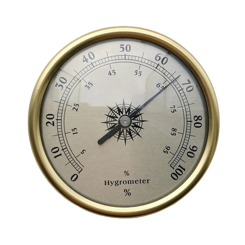 Analog thermometer and hygrometer with aluminium ring and dial showing temperature and humidity scales.