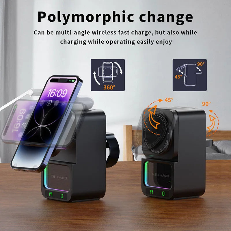 White Bluetooth speaker wireless charging station with magnetic phone holder on desk