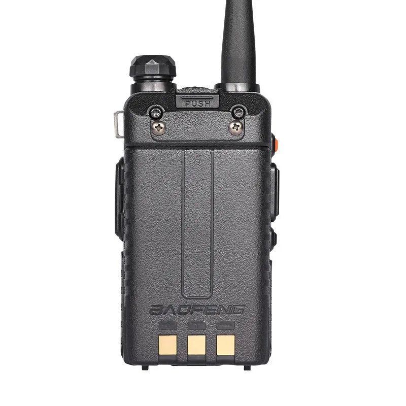 Black handheld VHF UHF walkie talkie with antenna, showing compact 110mm by 58mm size.