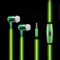 Blue wired earphones with glowing LED light lines on earpieces, showing 3.5mm plug and inline remote.