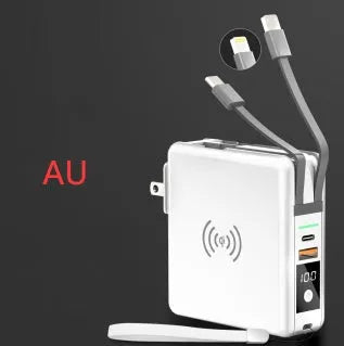 Black PD20W power bank with wireless charging and flip-out UK US EU AU plug adapters
