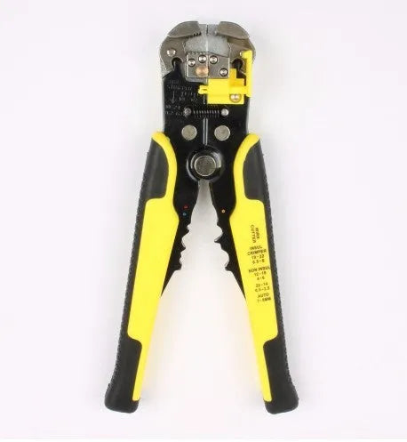 Yellow automatic wire stripper tool with crimping jaws and cutting blade