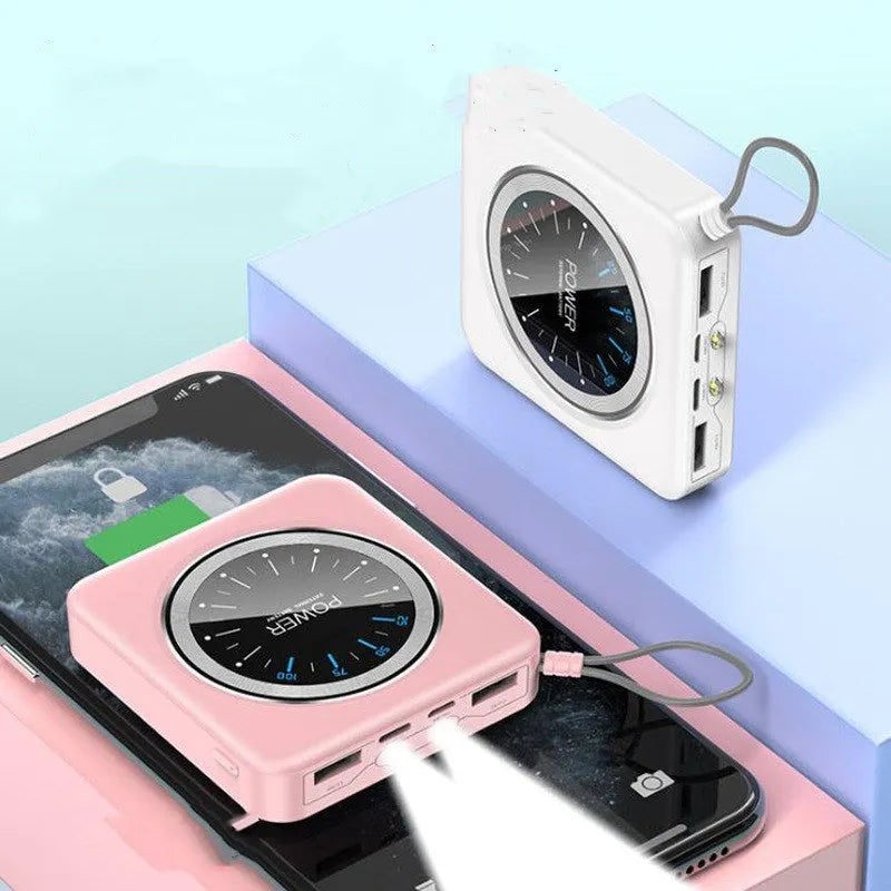 Mini clock charger portable power bank in alloy case with multiple capacity options and multi-USB port output