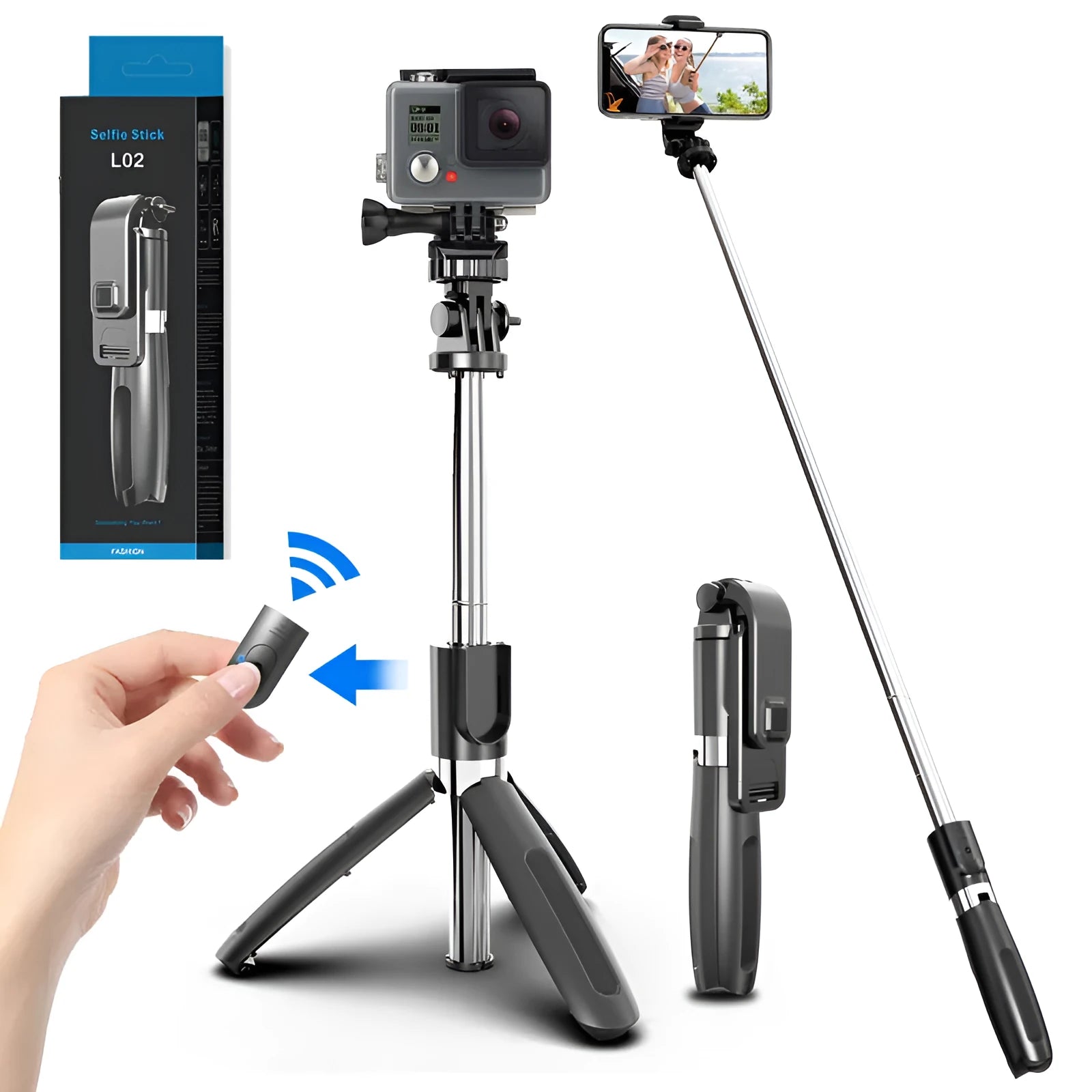Extended black Bluetooth selfie stick with tripod legs deployed and smartphone attached.