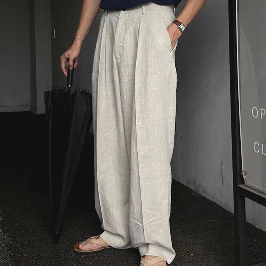 Men's cotton linen blend wide leg trousers in apricot, army green or purplish blue with micro-elastic waistband