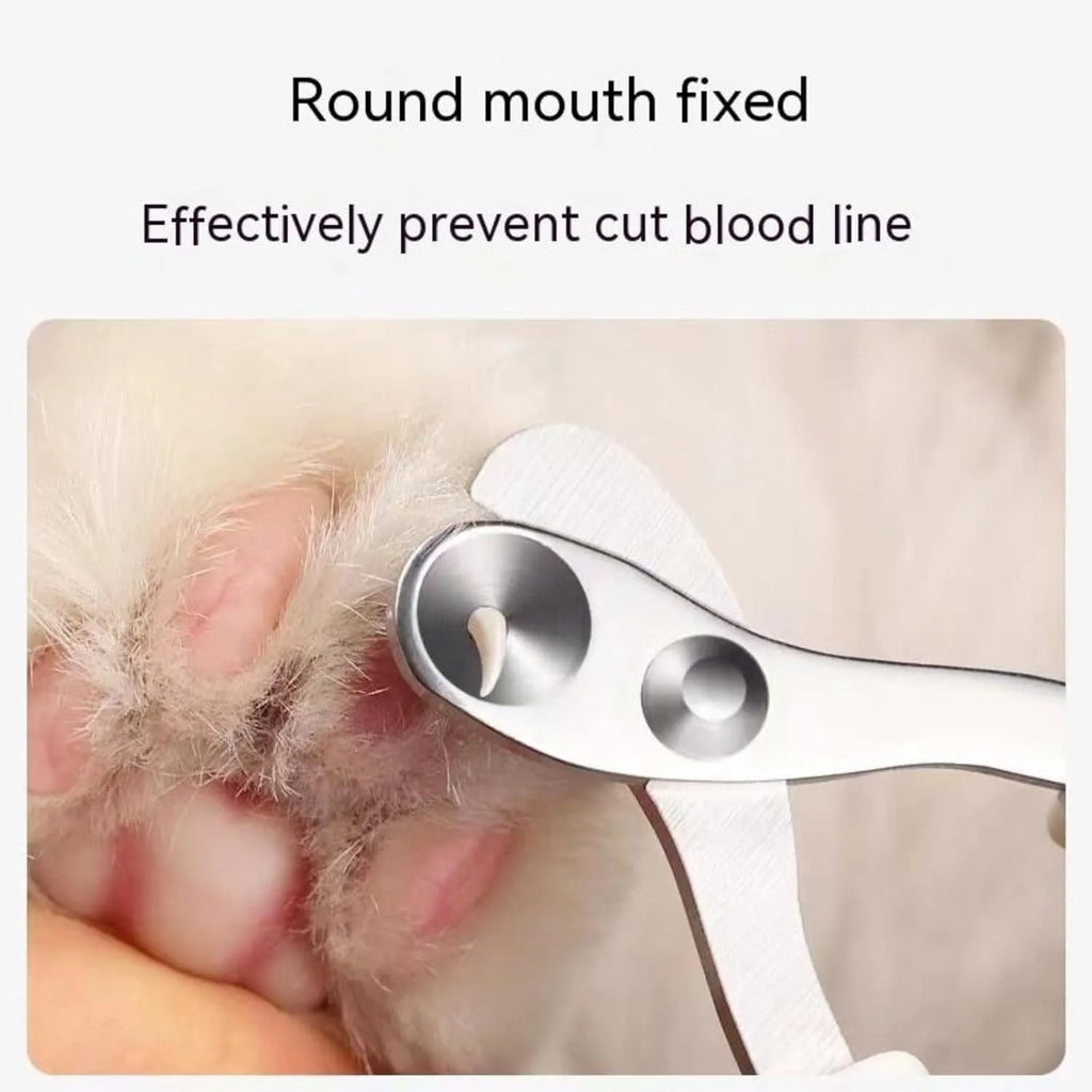 Blue professional cat nail clippers with circular safety hole and non-slip grip.