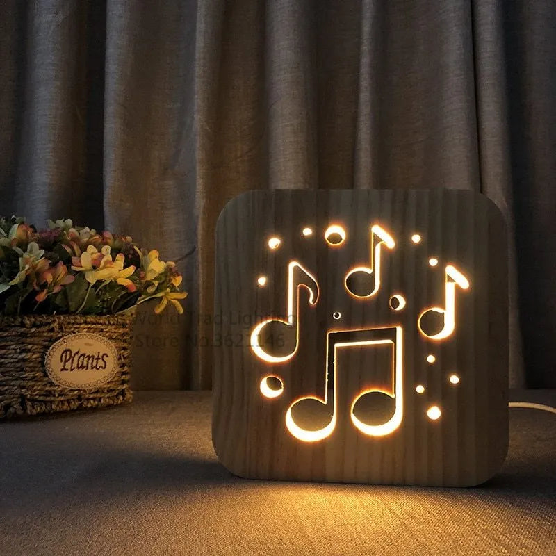 Wooden LED atmosphere light with warm white glow and USB power cable