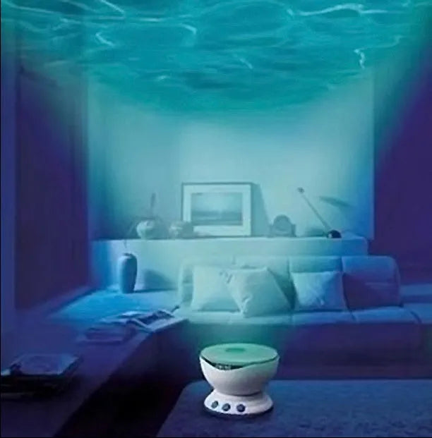 Blue ocean and starry sky LED projection lamp on a surface