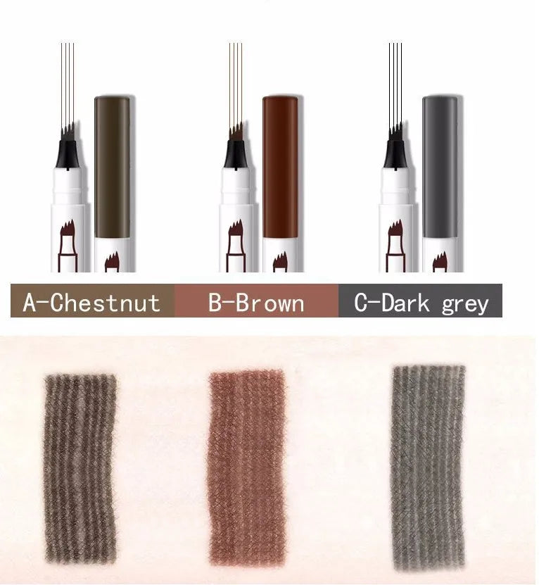 Waterproof four-tip eyebrow pen with fork tip applicator for natural hair-like brow strokes, 1ML liquid tint