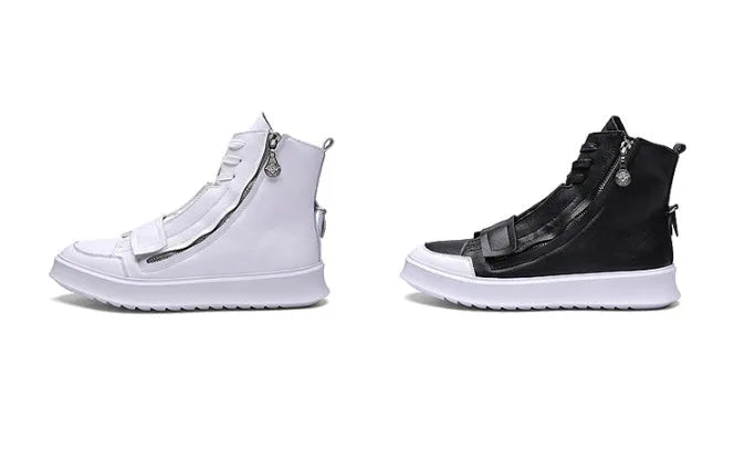 PU leather men's winter ankle boots in black and white high-top sneaker style