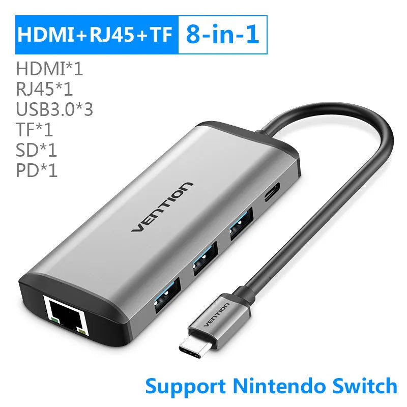 Deep grey USB-C to multi-port hub adapter with HDMI, Ethernet, USB ports and card readers