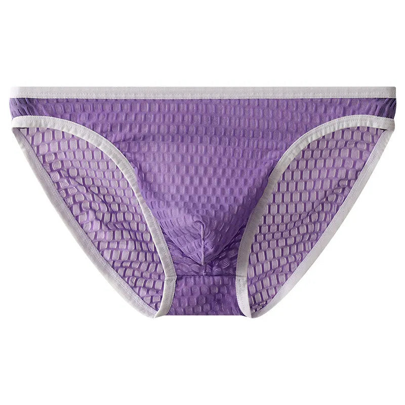 Men's low waist lace underwear shorts in black, showing transparent visual style and lace fabric detail.