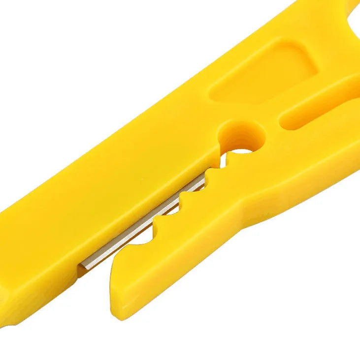 Yellow mini portable wire stripper tool with adjustable 0.6mm blade for network and telephone cables.
