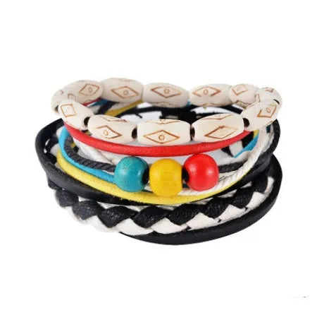 Adjustable leather punk wrap bracelet with wooden beads and multilayer design
