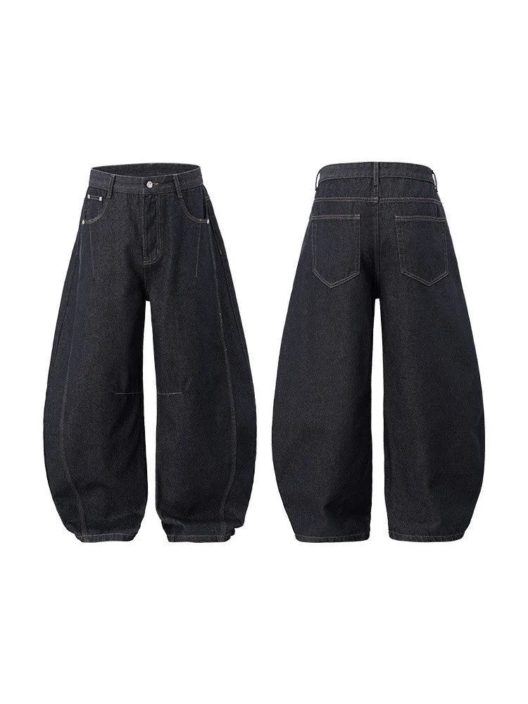Men's wide leg denim trousers in original cow colour showing mid-waist design and cotton fabric