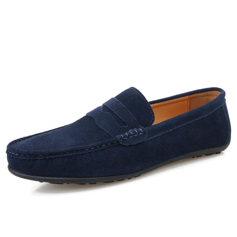 Men's solid-colour suede slip-on loafers with round toe and rubber sole