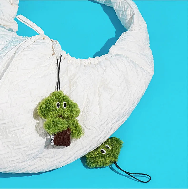 Pine tree shaped cat toy stick with catnip bag pendant, shown in large, medium, and small sizes.