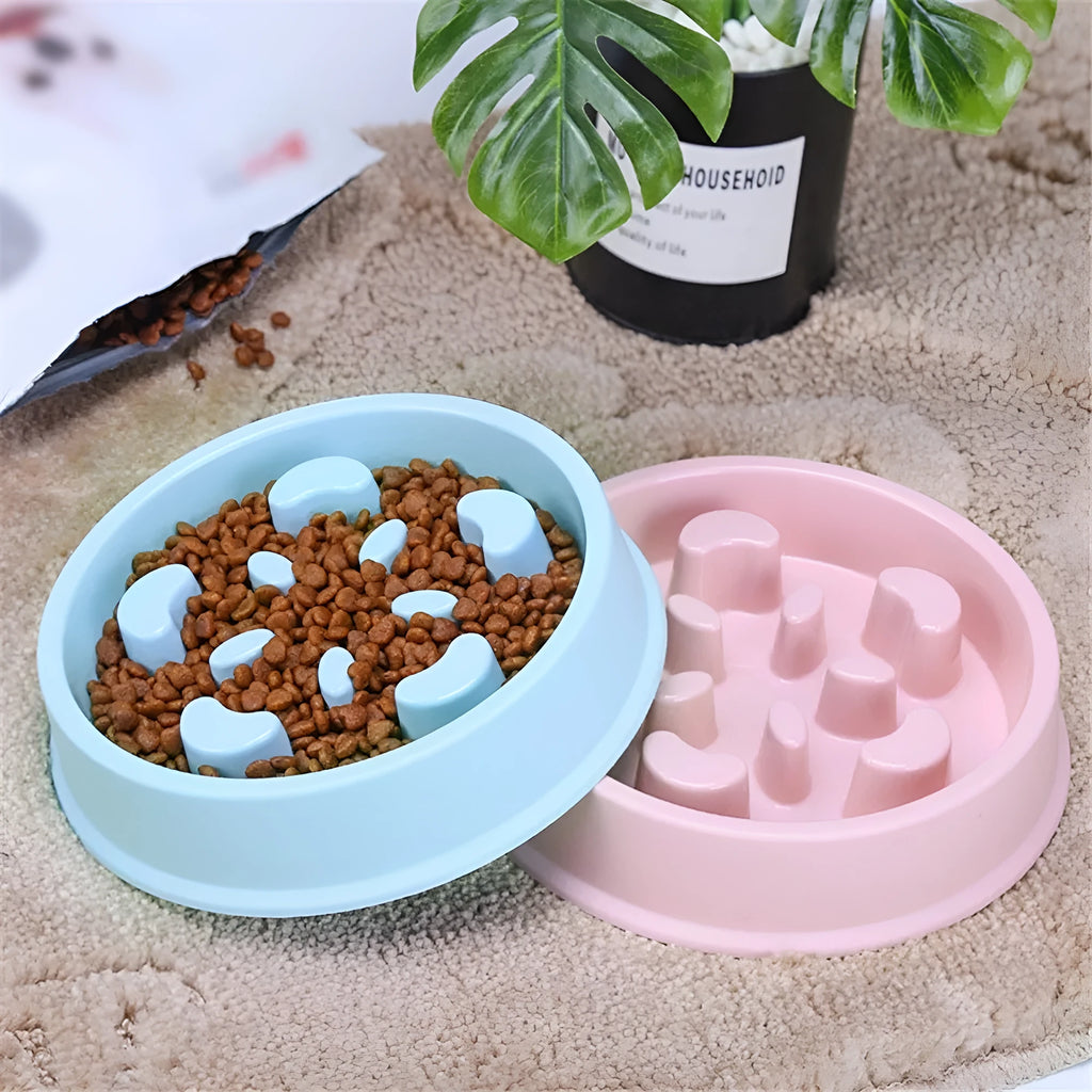 Anti choking slow feeding puzzle pet bowl in durable plastic blue for dogs and cats