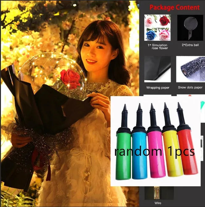 Transparent LED luminous balloon with artificial rose and built-in light, shown as a DIY bouquet kit.