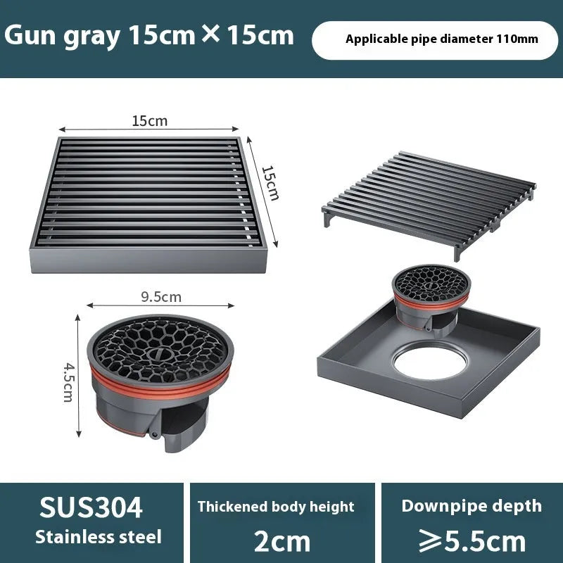 304 stainless steel courtyard floor drain with a 15x15cm gun grey ABS plastic core.