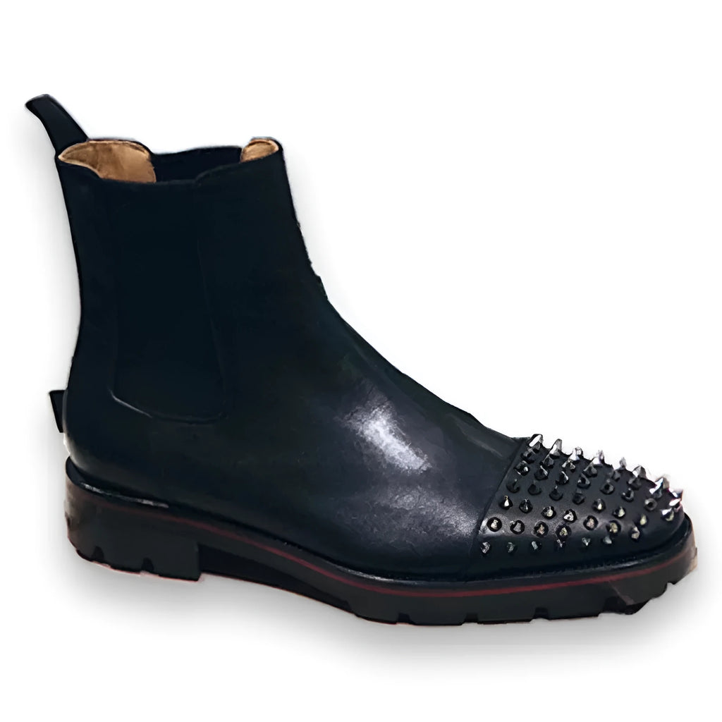 Black high-top leather business casual shoes with a cowhide upper and leather sole.