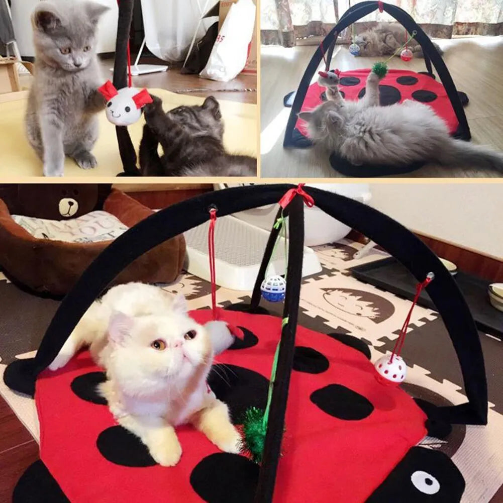 Cartoon cat play tent in bee pattern, foldable fleece hammock with two balls for kittens