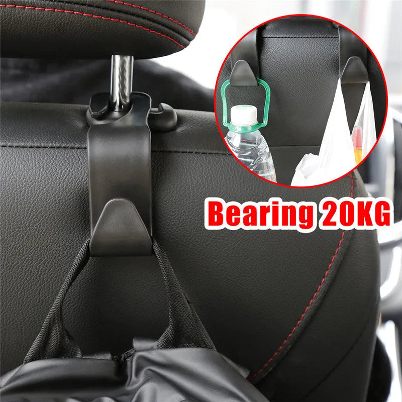 Set of 4 black PP universal car seat back hooks, each 11cm x 3.5cm, with 20kg weight capacity, for hanging bags from car front seat backs