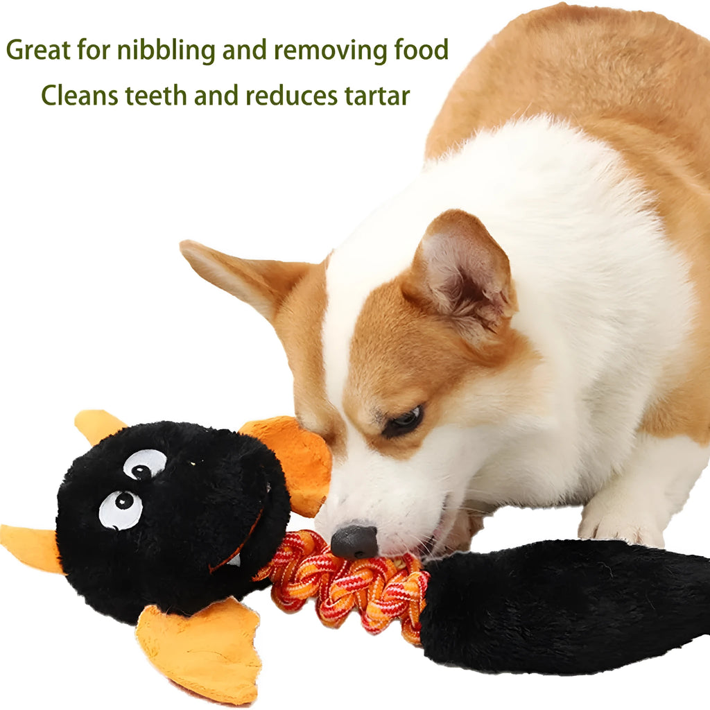 Large black, green, or red plush dog toy with a cartoon shape, featuring a built-in rope knot.