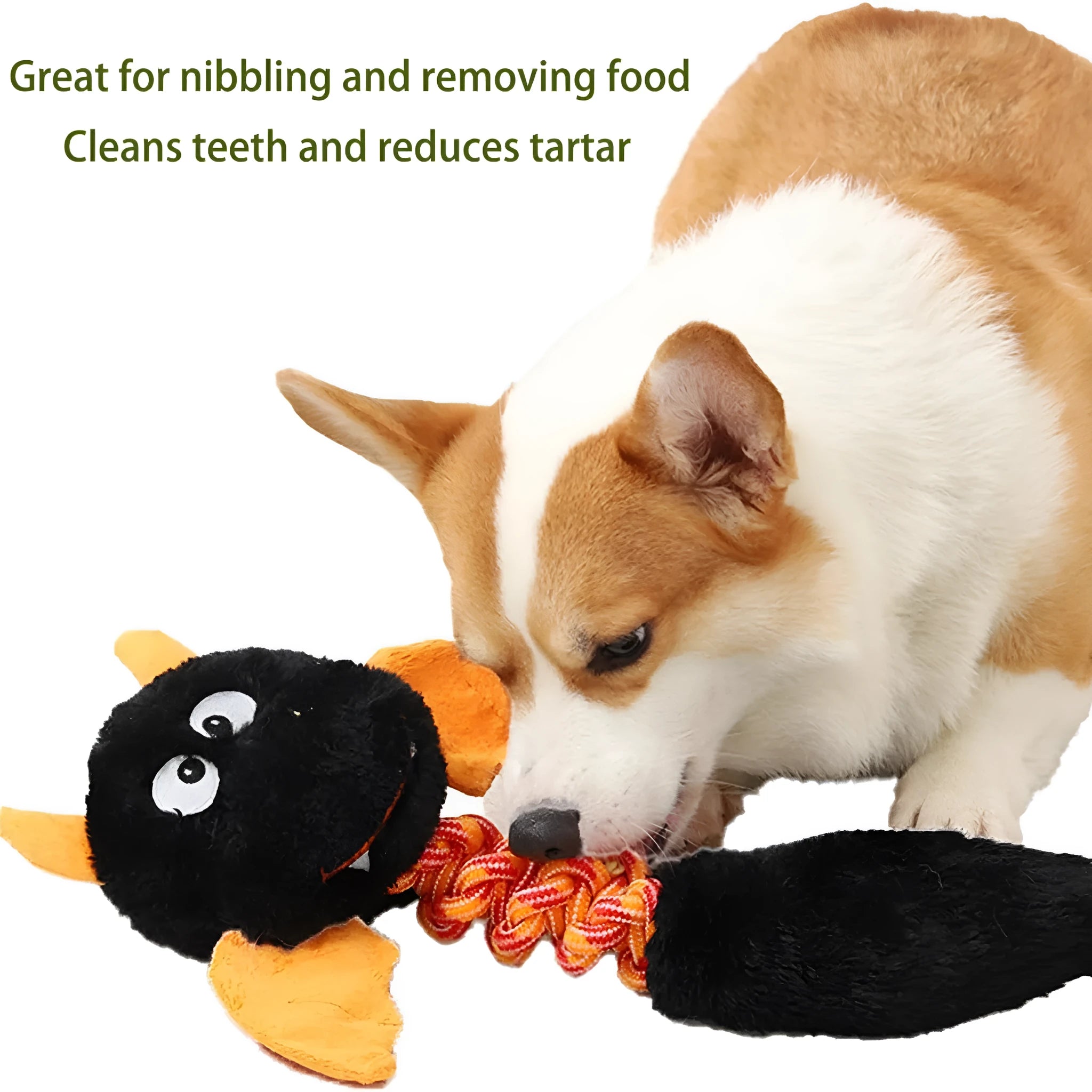 Large black, green, or red plush dog toy with a cartoon shape, featuring a built-in rope knot.