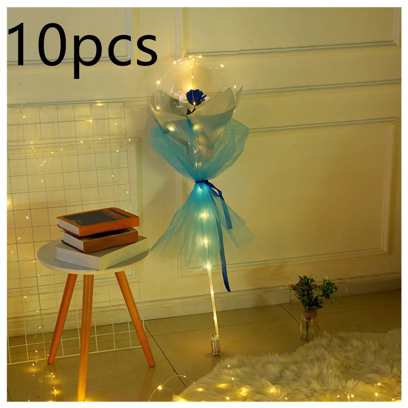 Transparent LED luminous balloon with artificial rose and built-in light, shown as a DIY bouquet kit.
