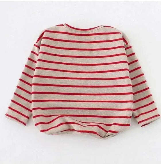 Fashion striped print kids baby girls cotton long sleeve T shirt in black and red on white background