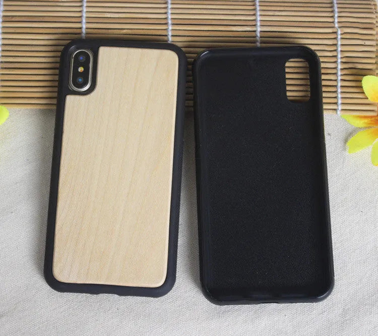 Wooden phone case with natural bamboo back and black TPU sides for iPhone