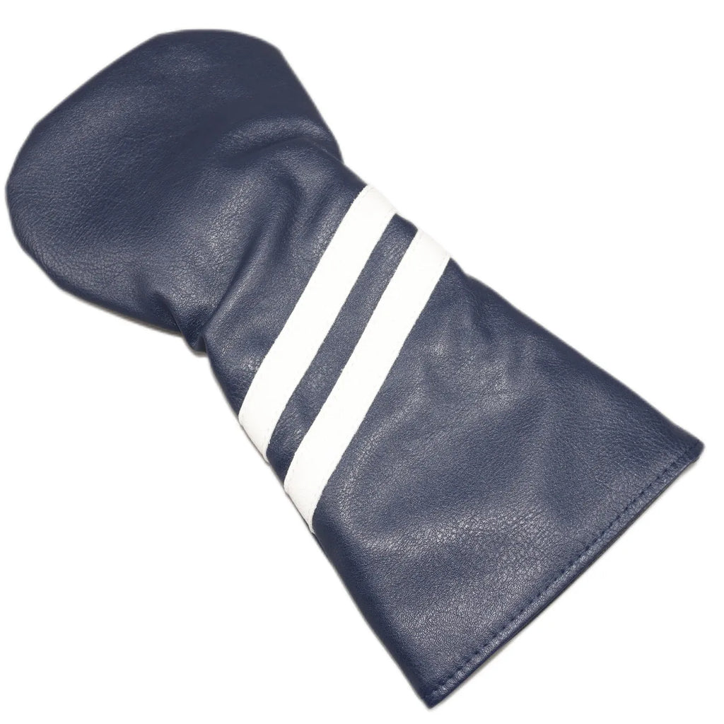 PU golf club head cover sleeve with two diagonal stripes for wood clubs, shown in multiple colours and sizes.