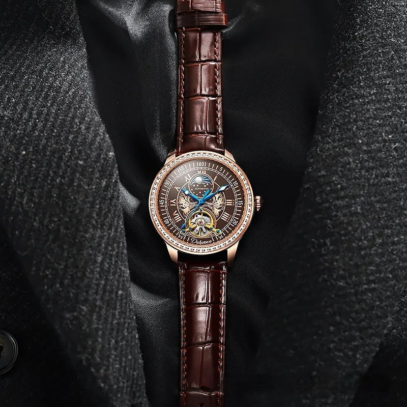 Men's stainless steel waterproof mechanical watch with round dial and butterfly clasp on wrist