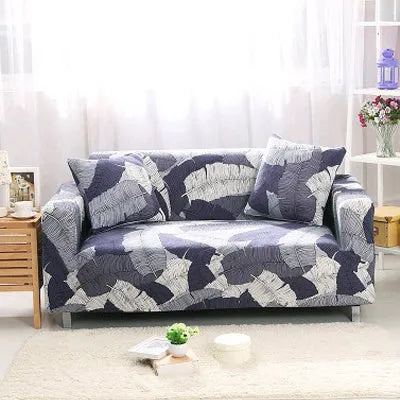 Geometric print polyester sofa slipcover stretched over sofa with matching pillowcase