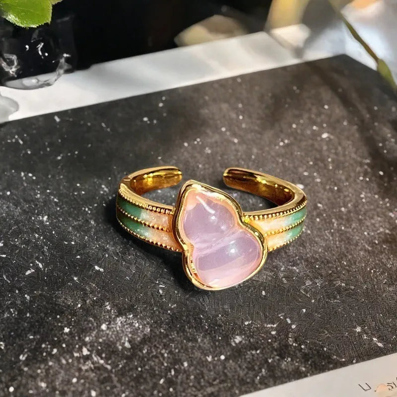 Adjustable vintage oil-dripping gourd copper ring with zircon inlay, showing flower shape in one of six colour options.